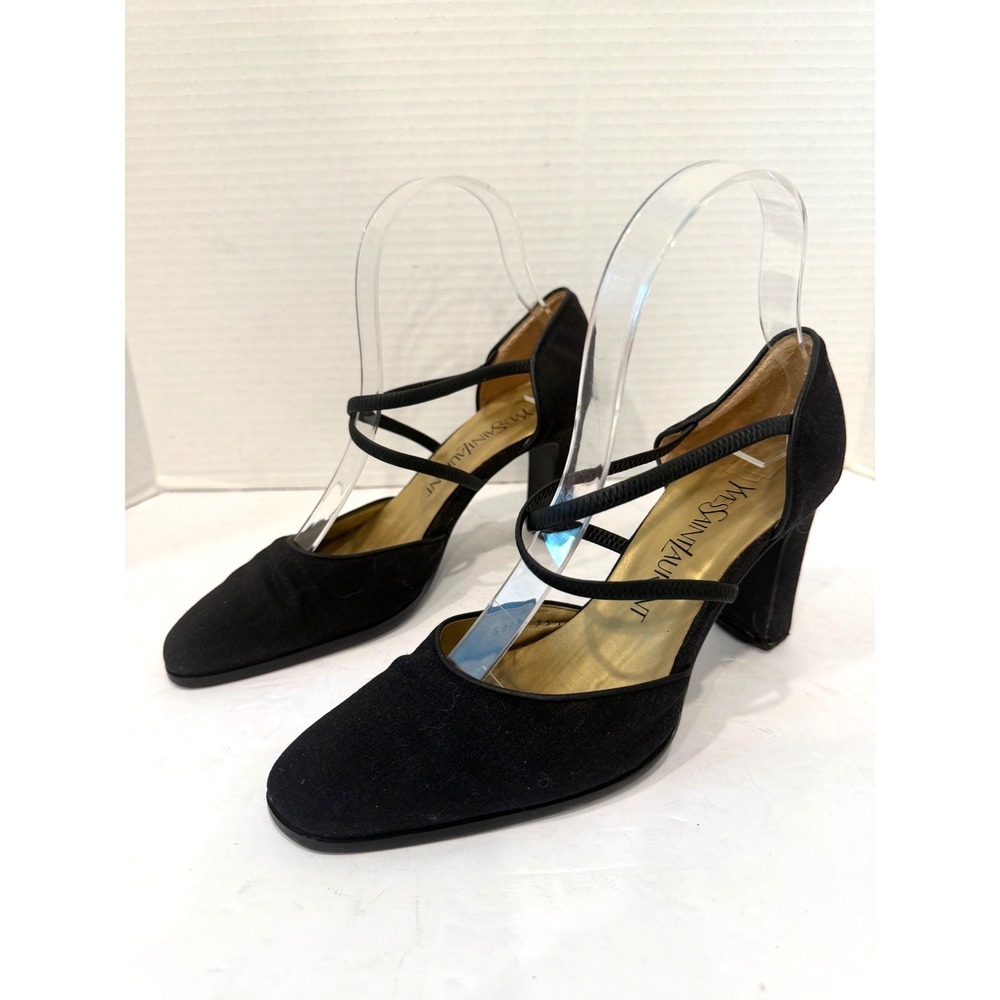 Yves Saint Laurent Black Satin Multi Criss Cross Strap Block Heel YSL Pumps 5.5